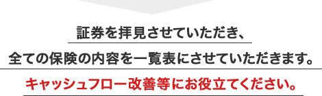 証券を拝見させていただき、全ての保険の内容を一覧表にさせていただきます。キャッシュフロー改善等にお役立てください。